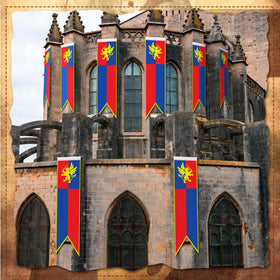 Oudain castle-themed bunting adds vibrant contrast to red, blue, and gold decor.