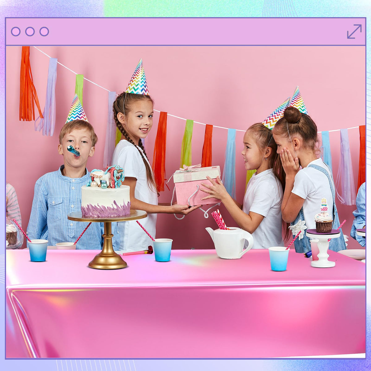 Oudain 54x108 tablecloth protects surfaces while adding color and shine to birthday celebrations