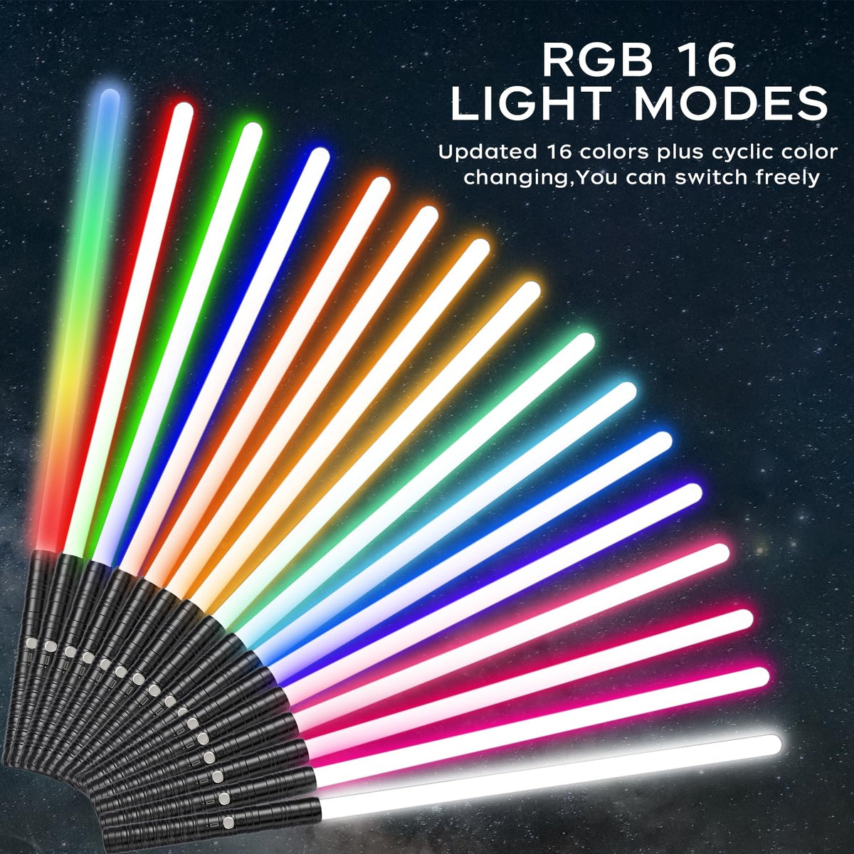Oueyes Lightsabers with 16-color RGB blades glow with vibrant colors.
