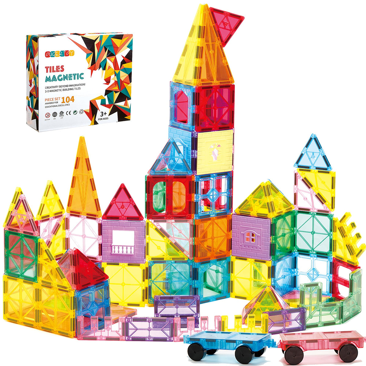 OugerToy 104PCS magnetic tiles for open-ended STEM building and play.
