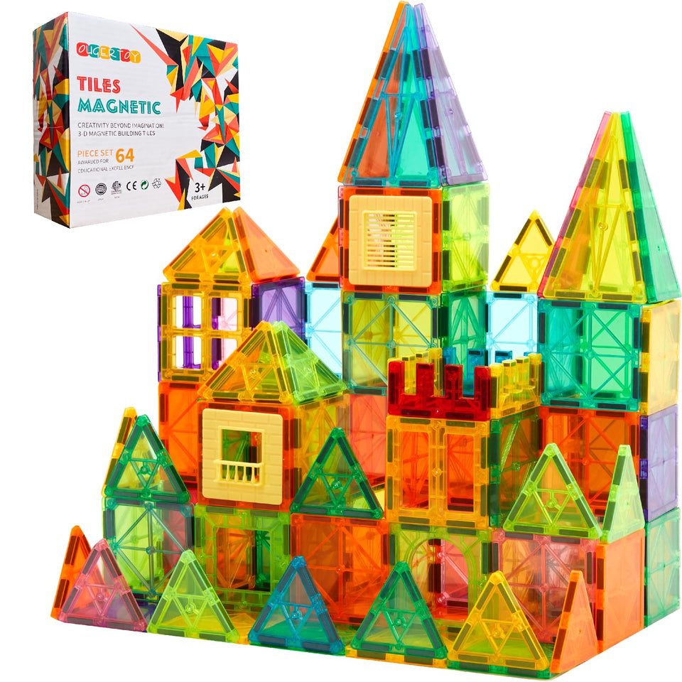 OugerToy magnetic tiles 64pcs set for creative building and spatial learning.
