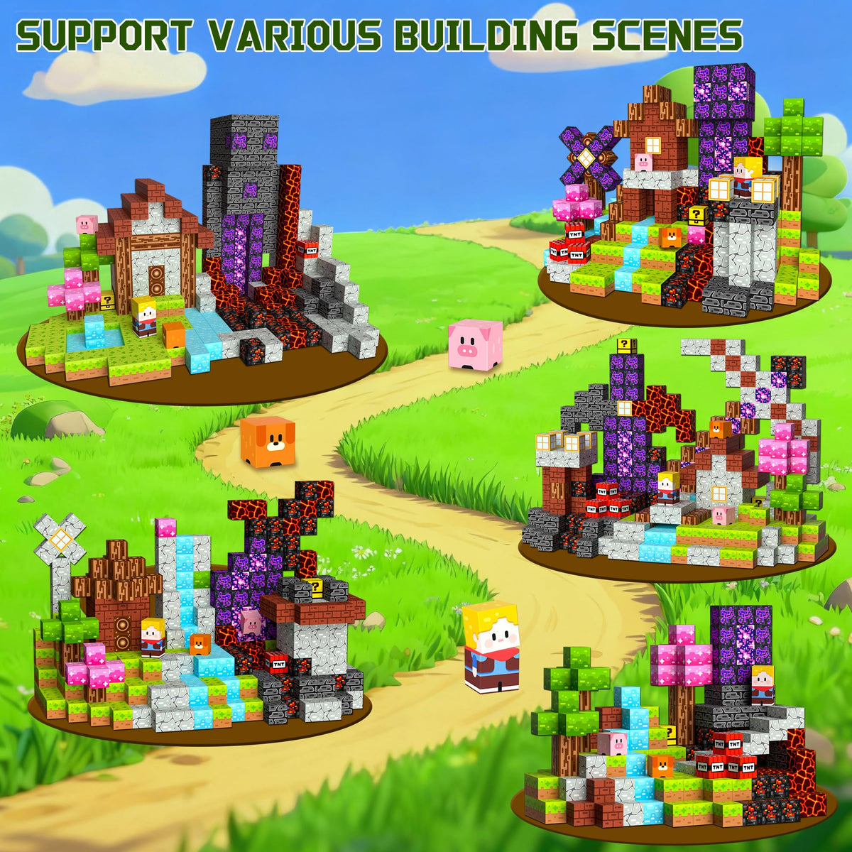 OUGUI pixel-art designs building in action, encouraging imaginative play.