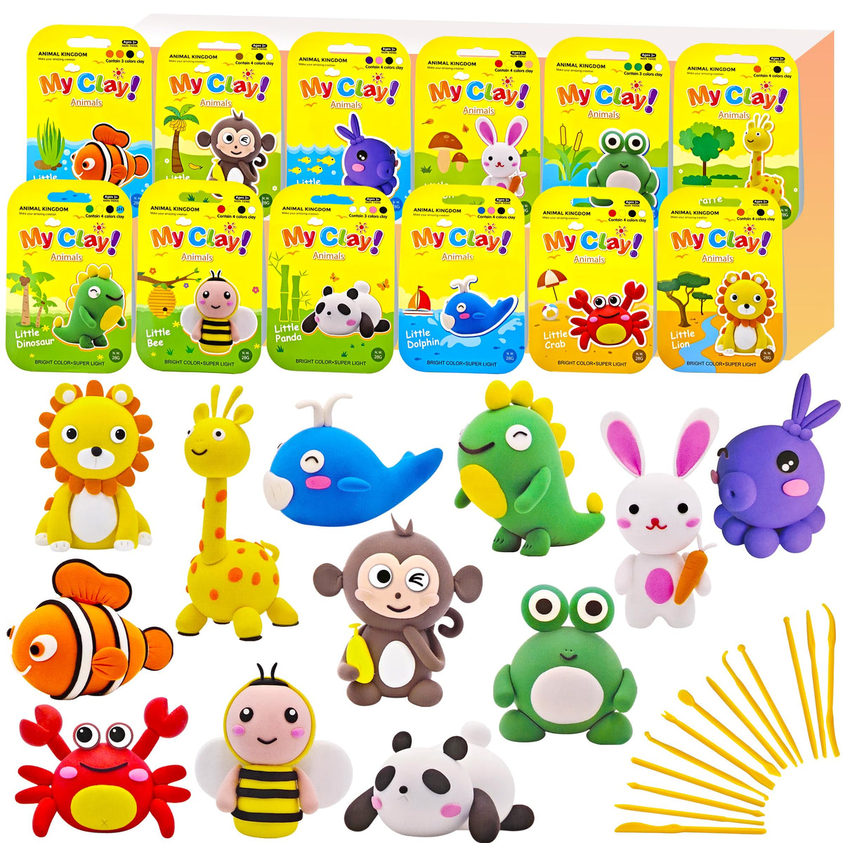 Oun Nana Air Dry Clay 12-animal kit enables creative play and color exploration.