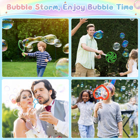 Oun Nana dog-chase bubbles fun scene with kids and pets.