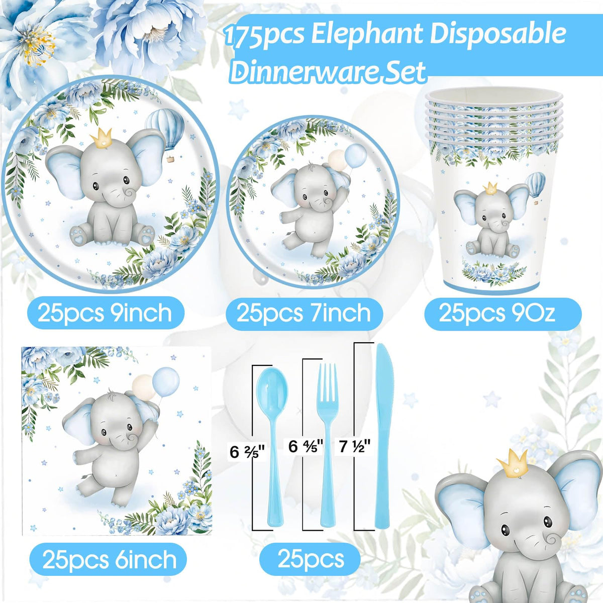 OUNIY Elephant baby shower dessert plates with blue floral accents for treats.