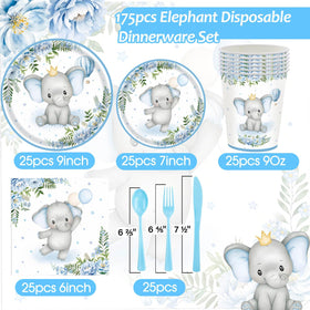 OUNIY Elephant baby shower dessert plates with blue floral accents for treats.