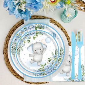 OUNIY Elephant baby shower blue knives match the tableware set for precise cutting.