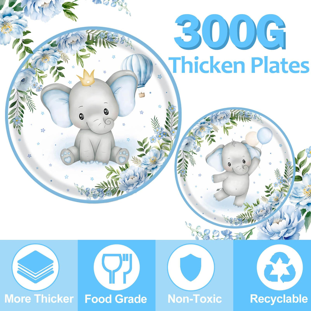 OUNIY Elephant baby shower blue napkins coordinate with floral plates.