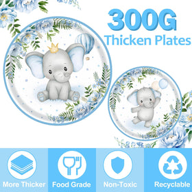 OUNIY Elephant baby shower blue napkins coordinate with floral plates.