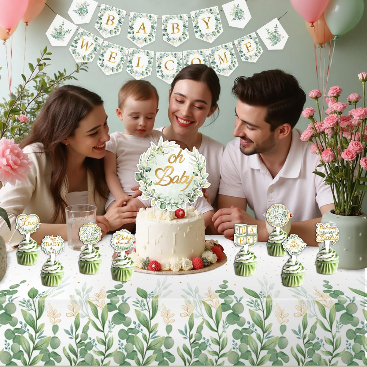 OUNIY sage green tablecloth and welcome banner create a cohesive table.