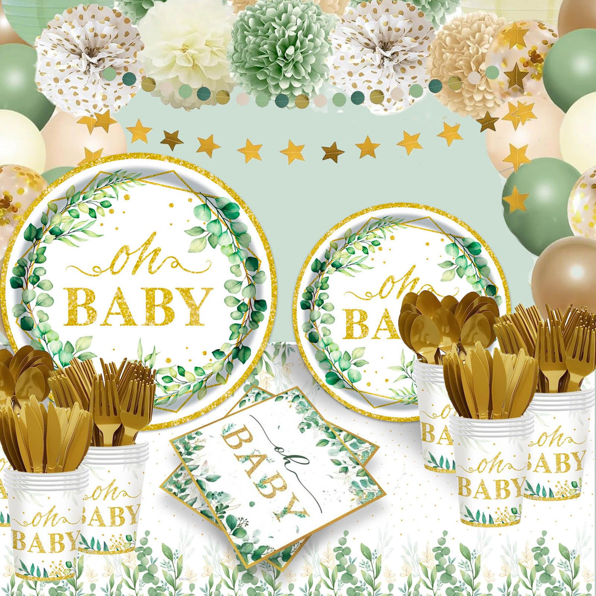 OUNIY Sage Greenery 7-inch dessert plates ideal for snacks and cake.