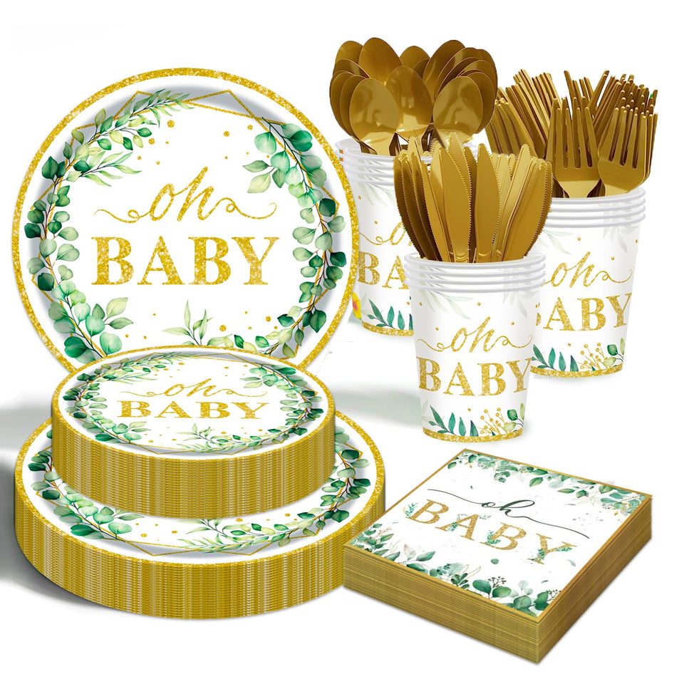 OUNIY Sage Greenery 9-inch plates for elegant baby shower dining.
