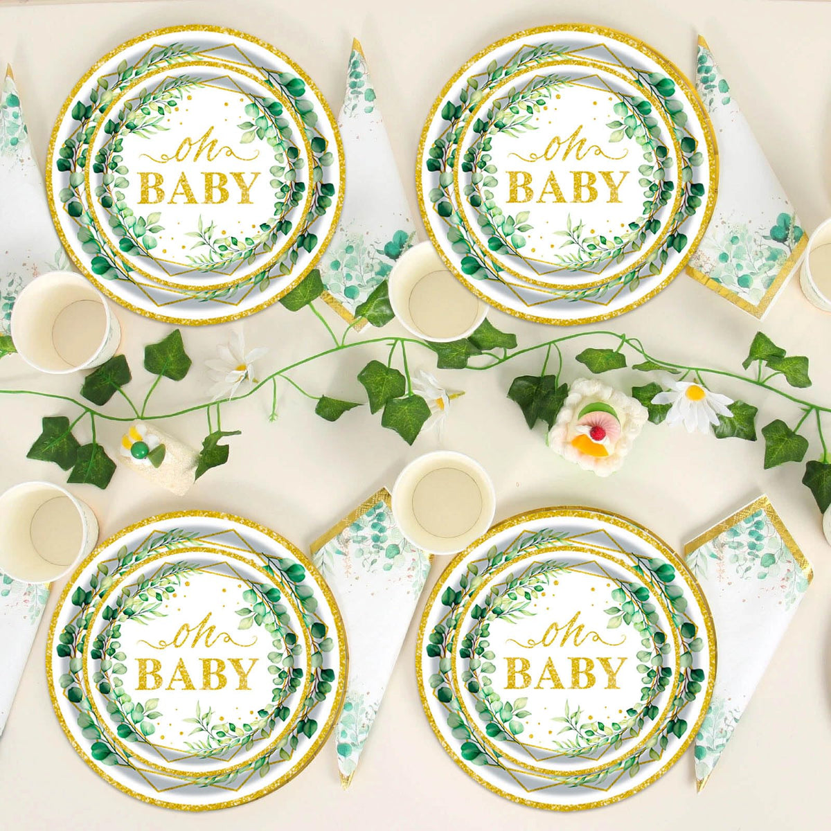 OUNIY Sage Greenery 175-piece tableware set simplifies hosting and cleanup.