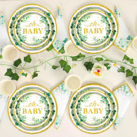 OUNIY Sage Greenery 175-piece tableware set simplifies hosting and cleanup.