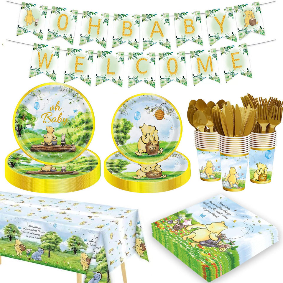 OUNIY Winnie Bear 9-inch plates for baby shower, durable and festive.