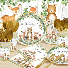 OUNIY Woodland Baby Shower 7-inch plate with forest critters for appetizers.