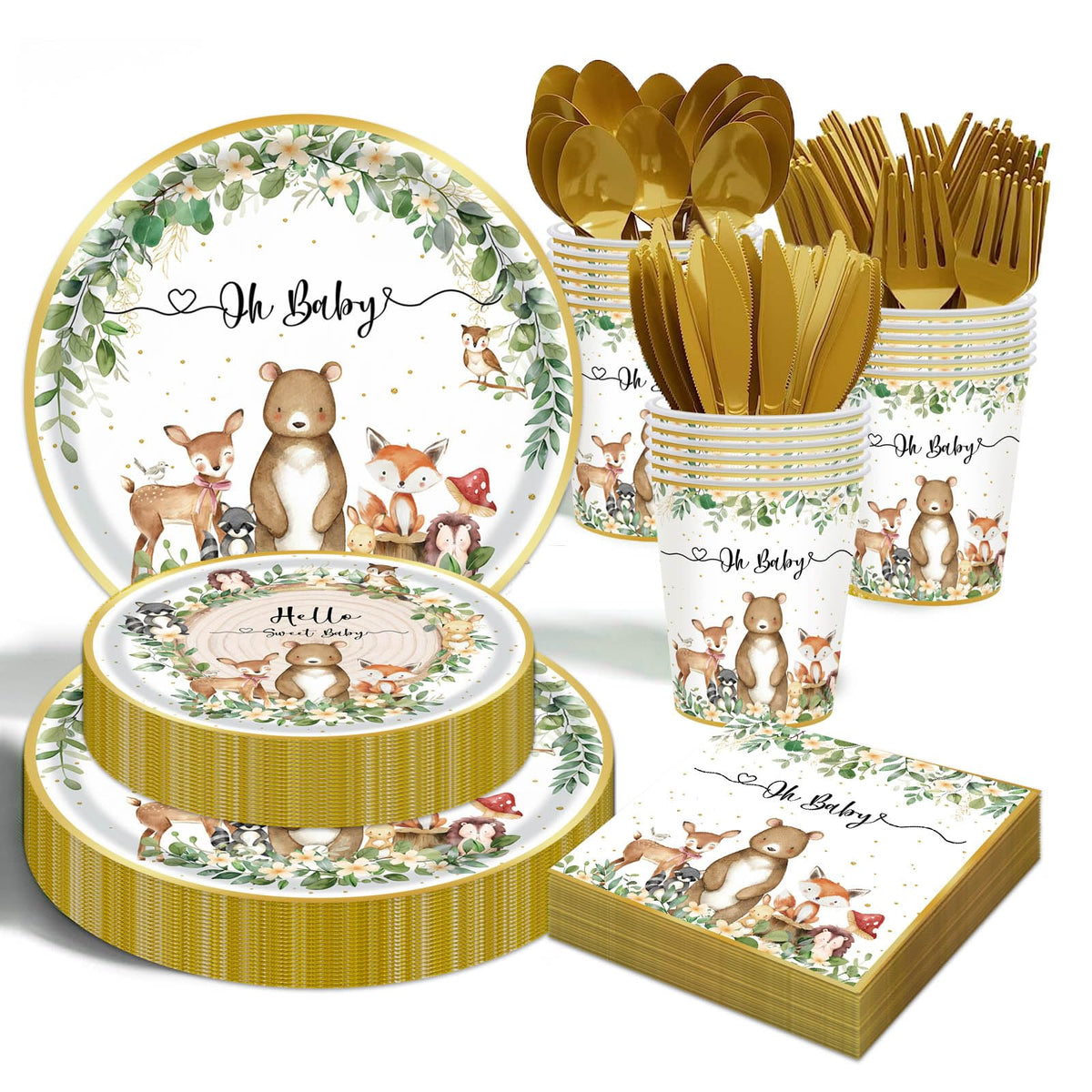 OUNIY Woodland Baby Shower 9-inch plate with safari animals for cake and desserts.