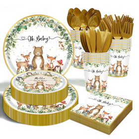 OUNIY Woodland Baby Shower 9-inch plate with safari animals for cake and desserts.