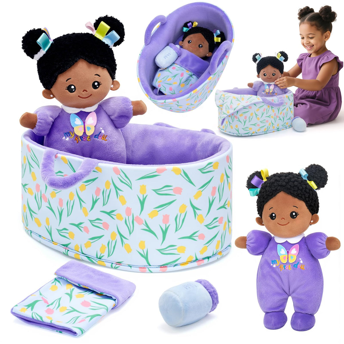 OUOZZZ 10in doll with bassinet and plush doll for nurturing play and empathy