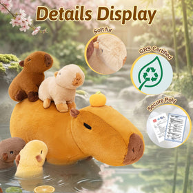OUOZZZ Capybara plush family in four colors nestled inside the belly for creative play.