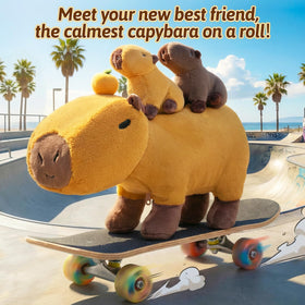 OUOZZZ Capybara mommy plush with a playful tangerine on her head for storytelling charm.