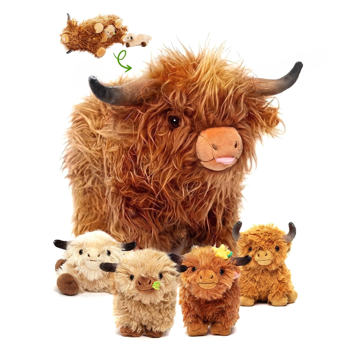 OUOZZZ Highland Cow mom unzips to reveal four baby calves for interactive play