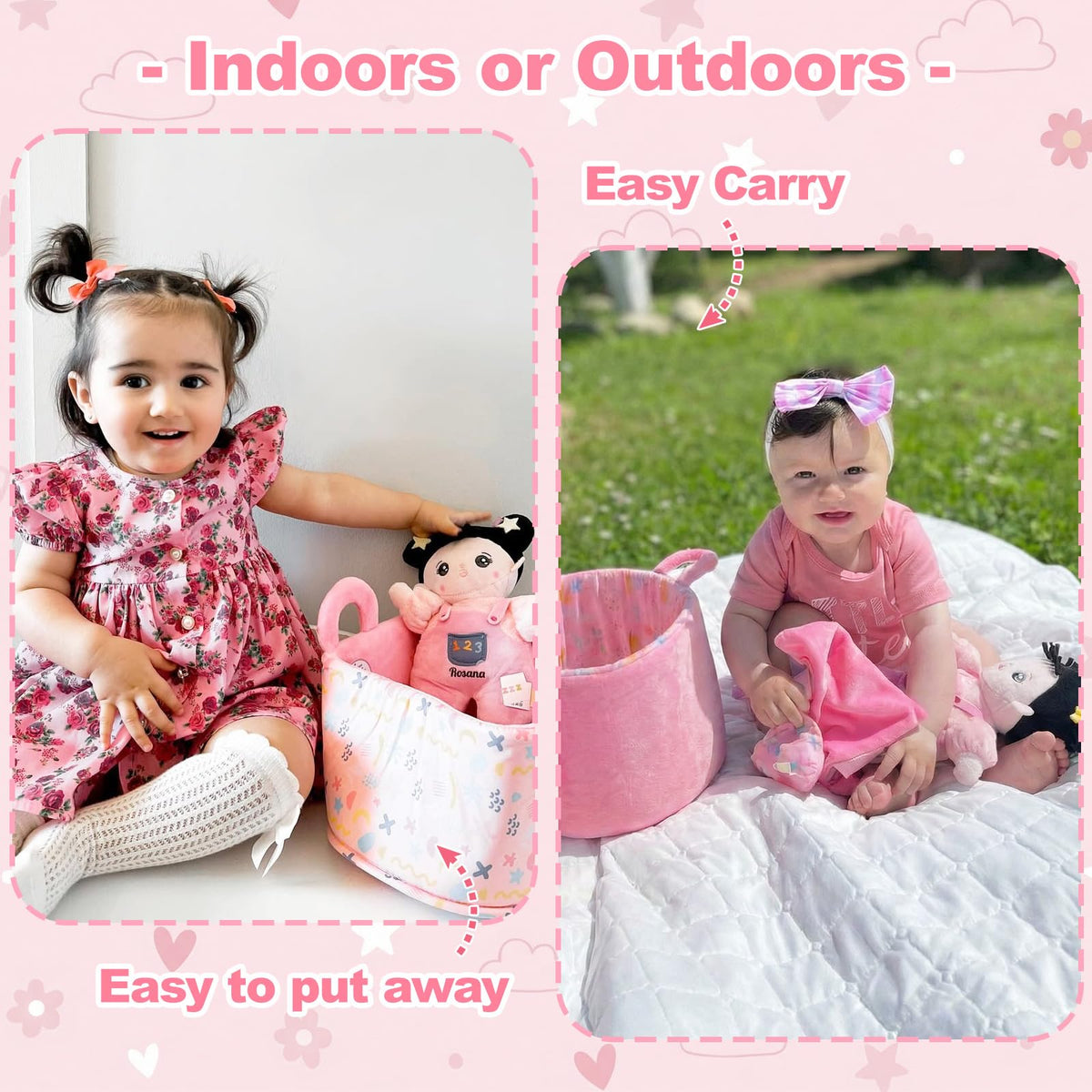 OUOZZZ plush baby blanket adds warmth during bedtime pretend play.