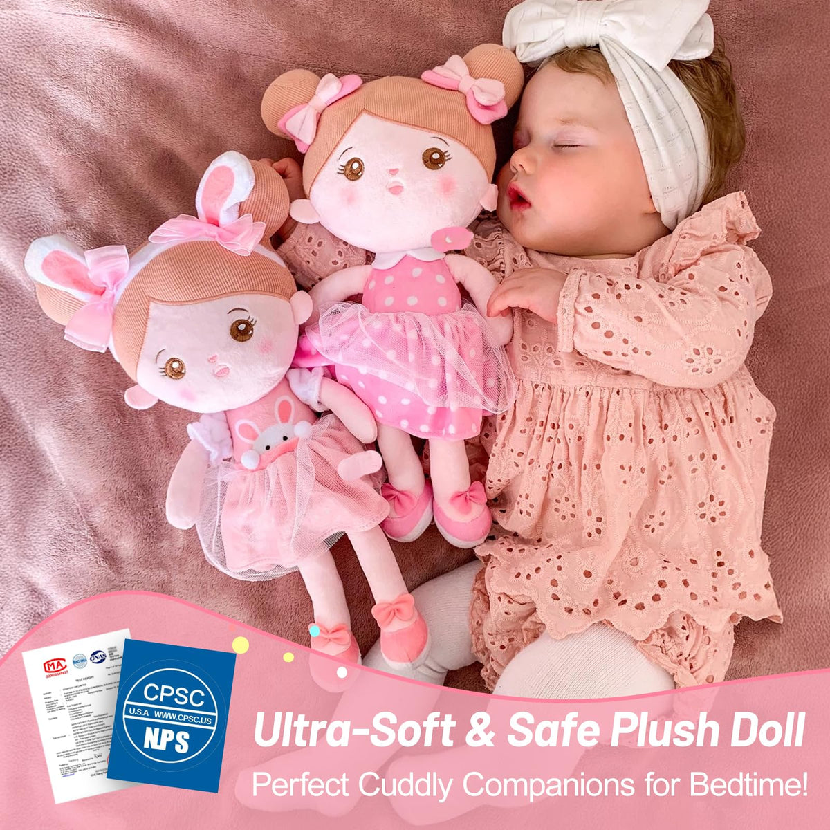 OUOZZZ safety-certified plush doll with CPSIA fabrics for teething-friendly play.