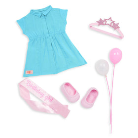 Our Generation Anita birthday sash shows party-ready accessory.