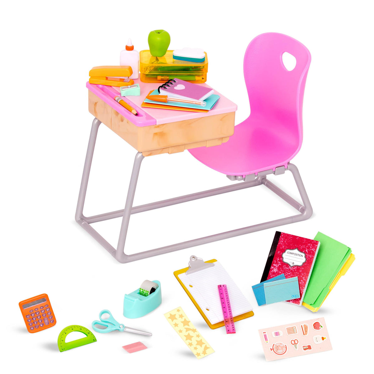 Our Generation Flying Colors desk front view showing easy-access storage