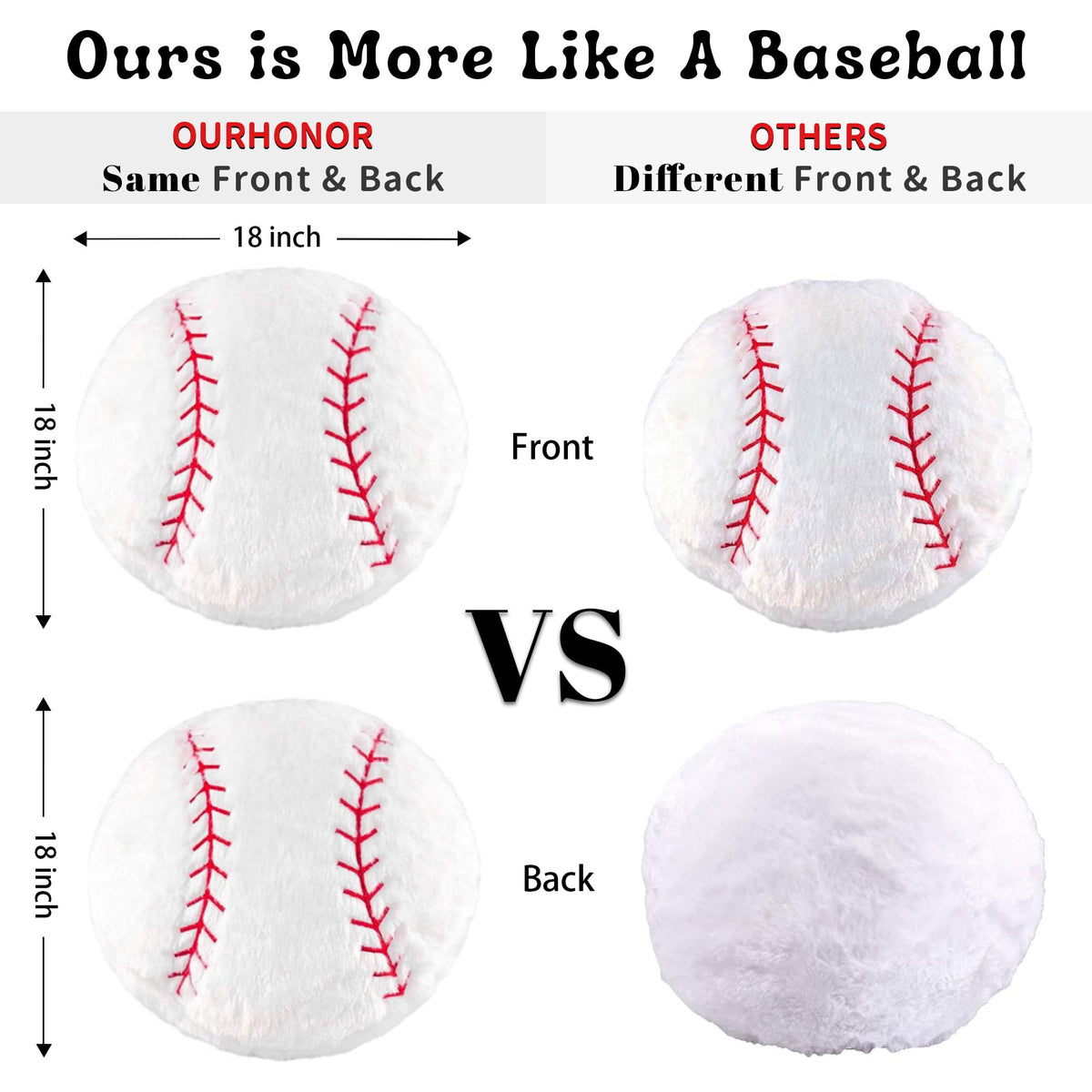OurHonor Baseball Plush 18-inch close-up fabric texture, ultra-soft and washable