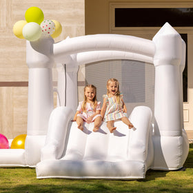 Outfunny white bounce house with slide offers safe indoor play for kids.