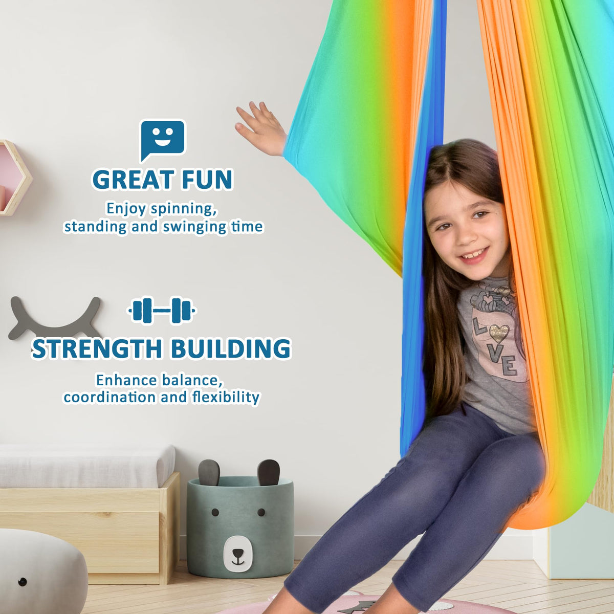 OUTREE sensory cuddle swing supports kids and adults during relaxation sessions.