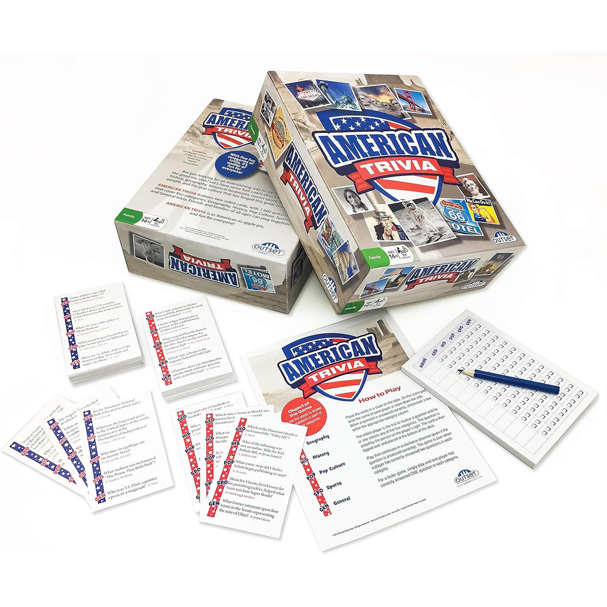 Outset Media American Trivia Game five categories spark diverse conversations at gatherings.