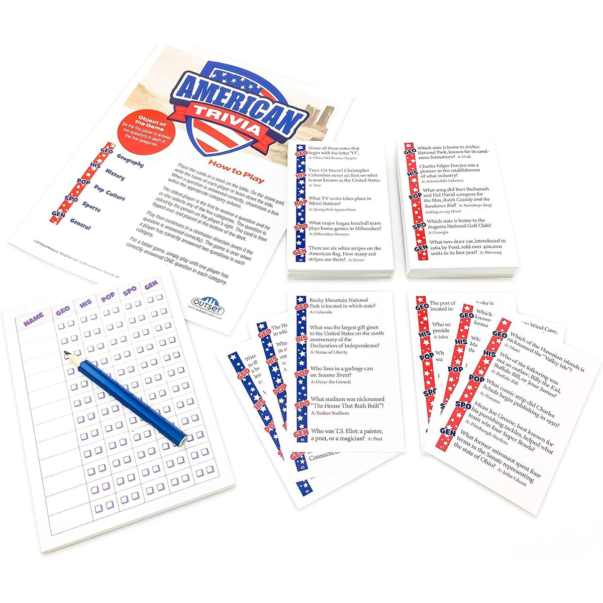 Outset Media American Trivia Game geography card tests maps and locations.