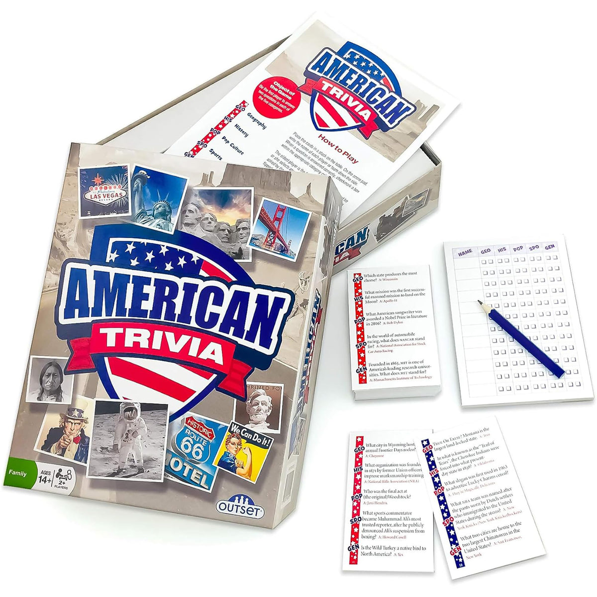 Outset Media American Trivia Game history card highlights landmarks and moments.
