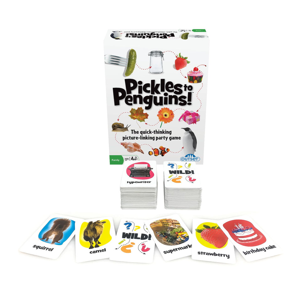 Outset Pickles to Penguins cards spread for quick picture-linking challenges during family game night