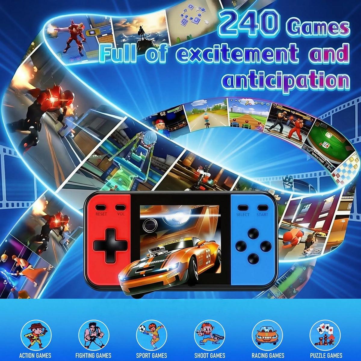 OUTUO Retro handheld console screen close-up showing a bright 3.0-inch display.