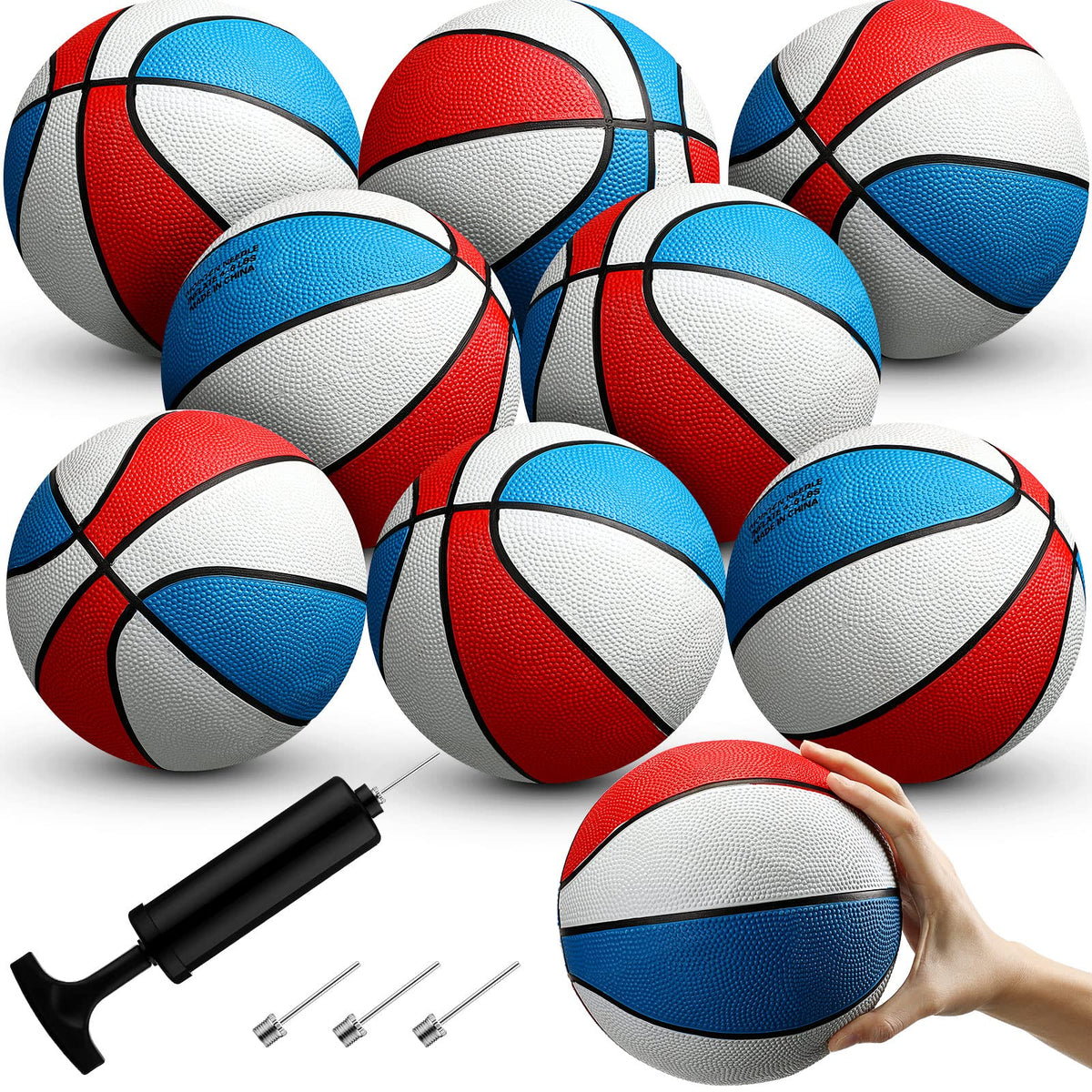Outus 8-pack mini basketballs with pump, ready for quick inflation and easy play.