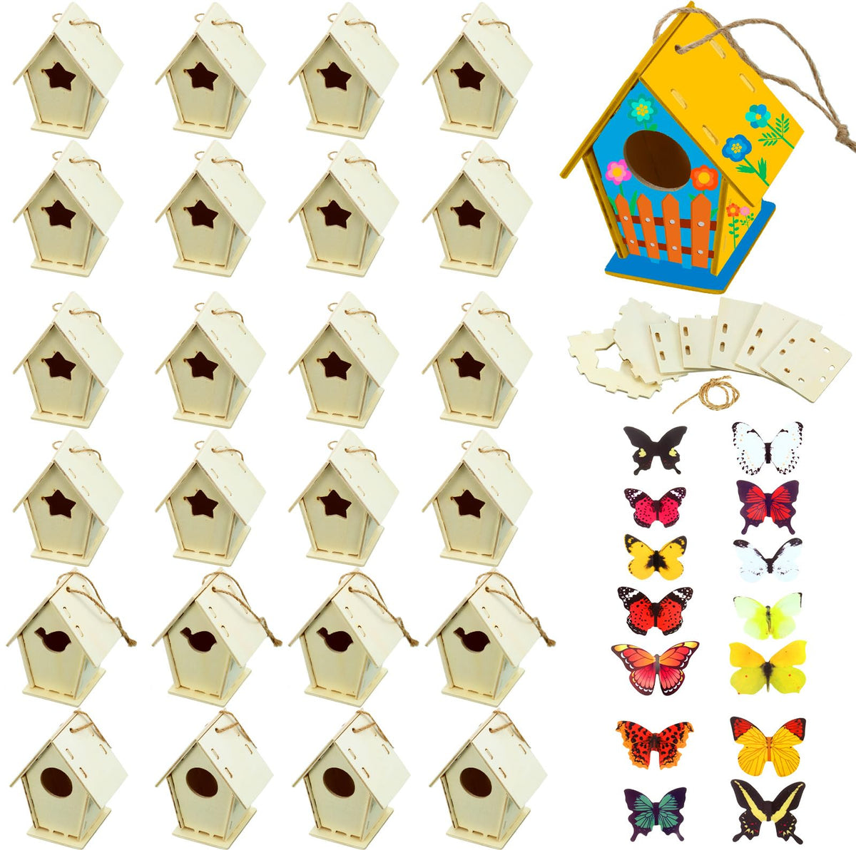 Outus birdhouse kit four shapes, easy-to-assemble for colorful kids' crafts at home.