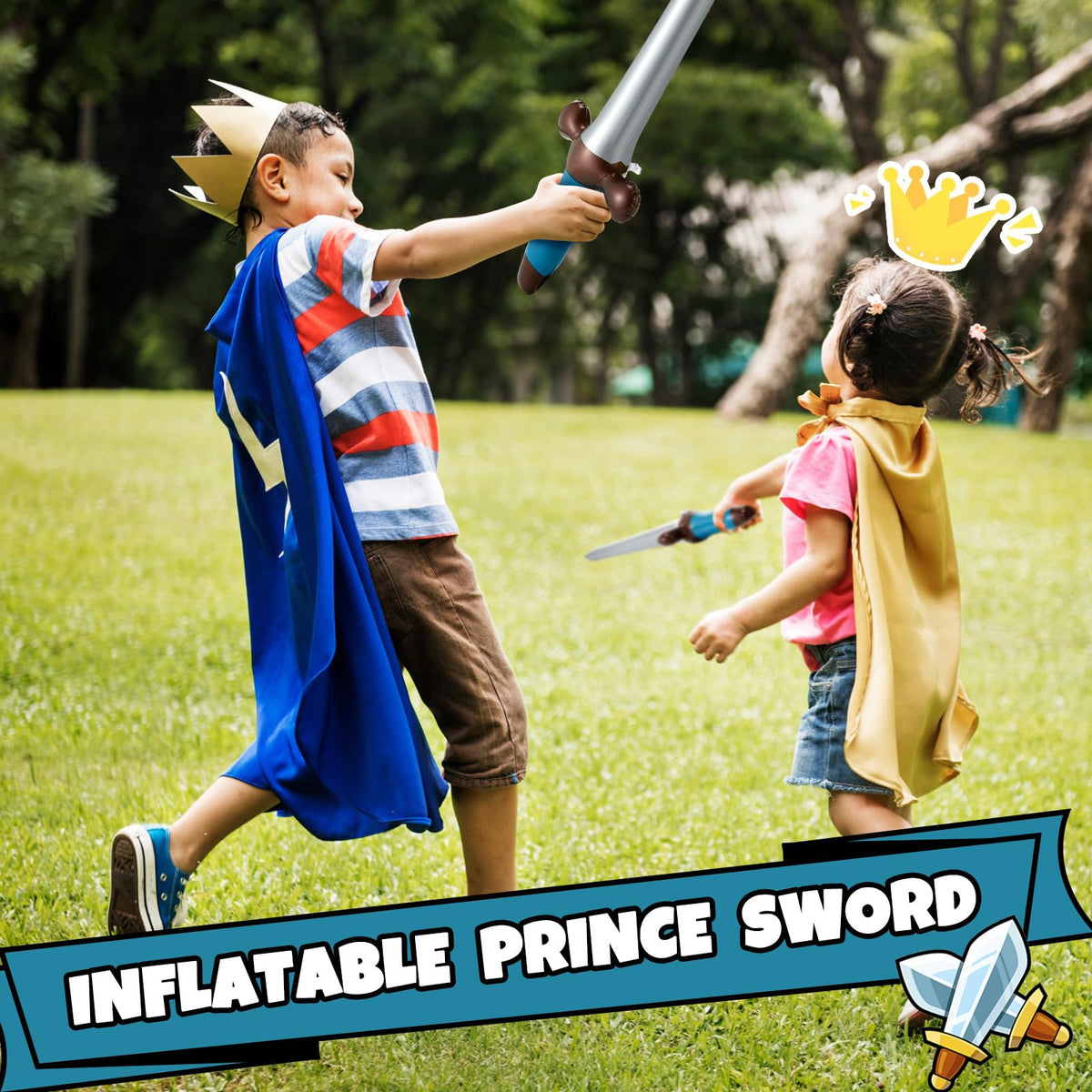 Outus blue inflatable sword in hand for demonstration.