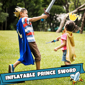 Outus blue inflatable sword in hand for demonstration.