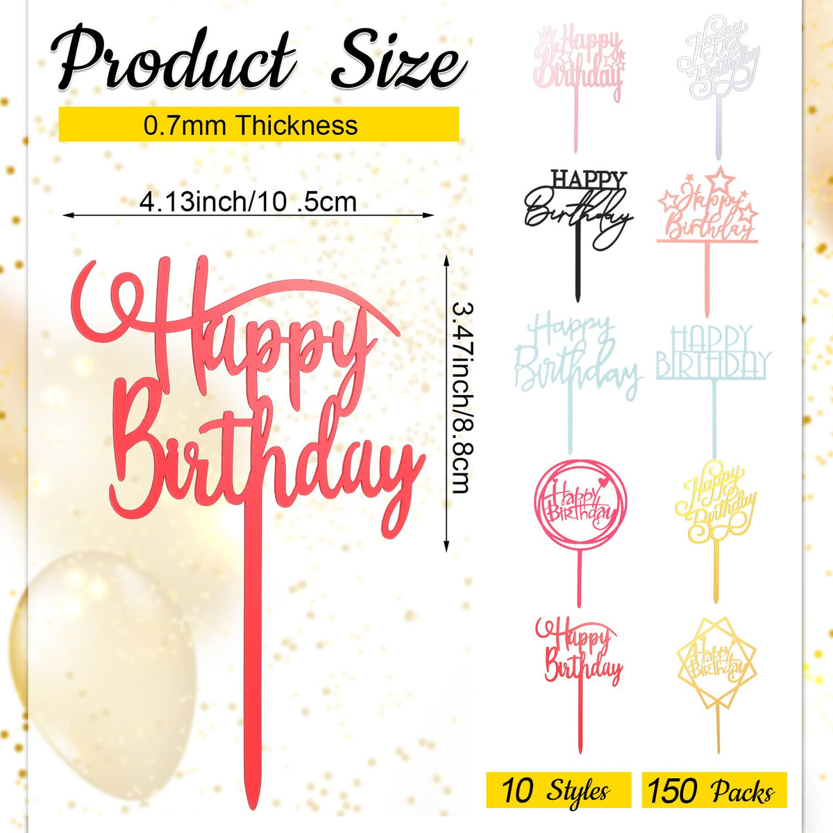 Outus double-sided birthday toppers with glitter-free finish for clean decoration.