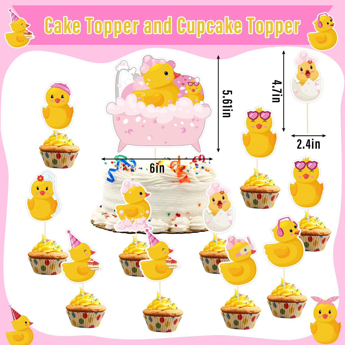 Outus duck birthday cake topper adds whimsical height to the cake.