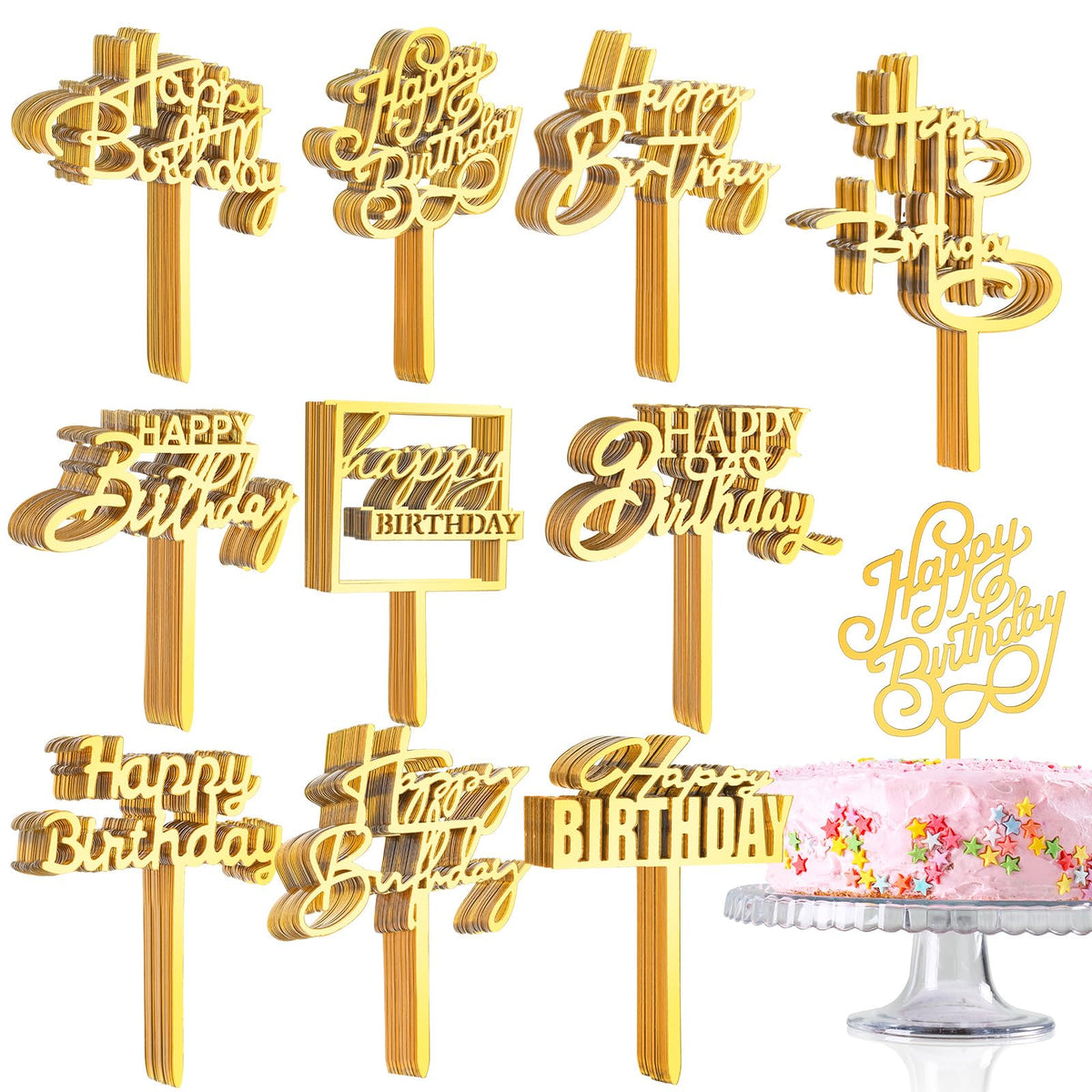 Outus gold Happy Birthday cake topper, double-sided, adds elegant decor to cakes.