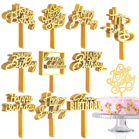 Outus gold Happy Birthday cake topper, double-sided, adds elegant decor to cakes.