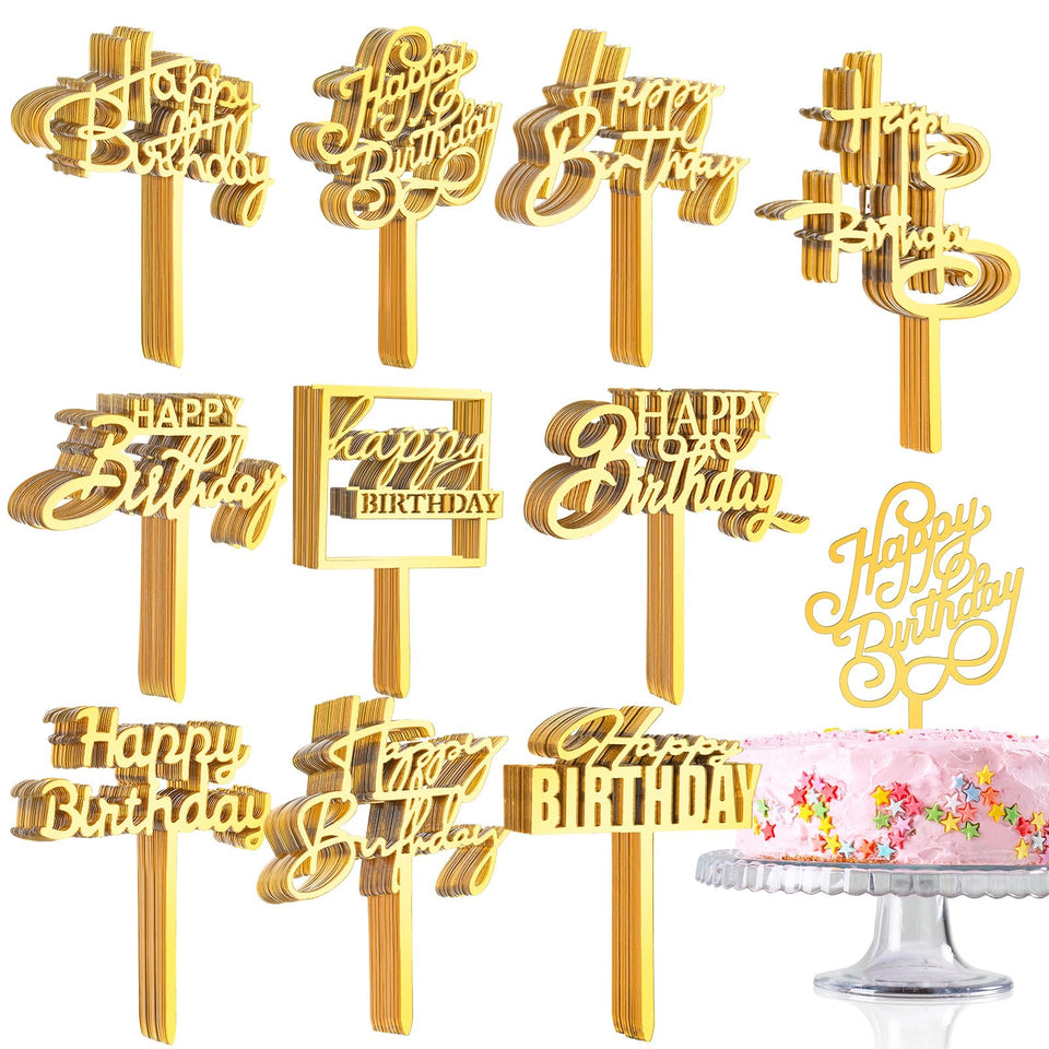 Outus gold Happy Birthday cake topper, double-sided, adds elegant decor to cakes.