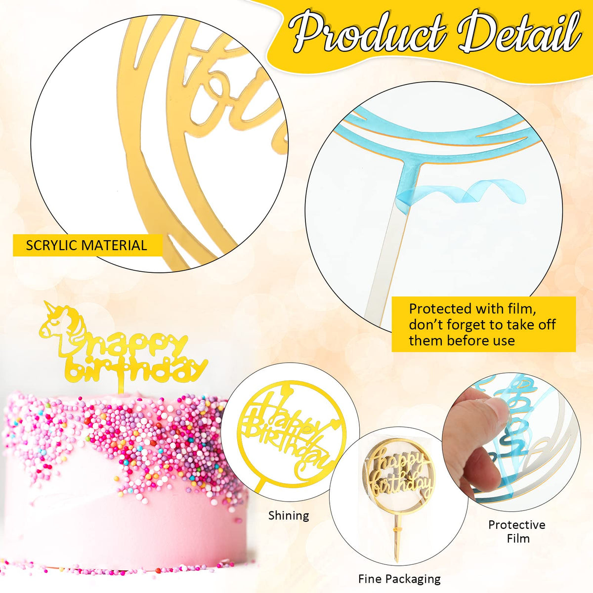 Outus happy birthday toppers castle design, gold tone, double-sided for eye-catching cake accents.