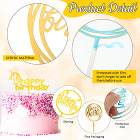 Outus happy birthday toppers castle design, gold tone, double-sided for eye-catching cake accents.