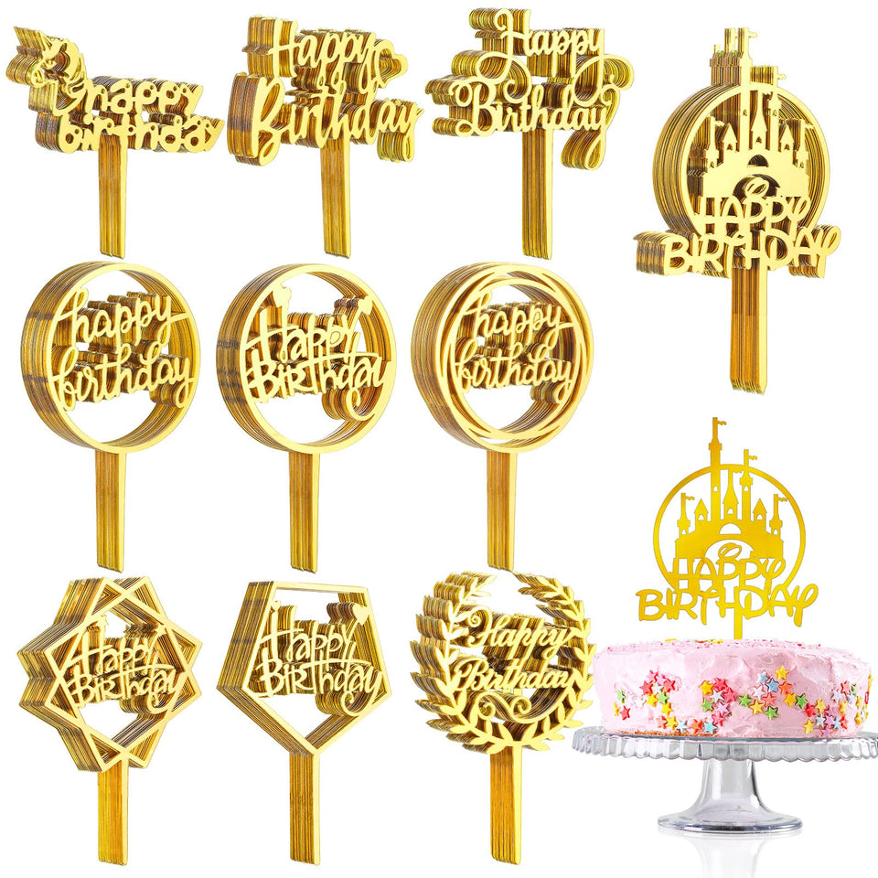 Outus happy birthday toppers circle design, gold tone, glitter-free finish for clean cake decoration.
